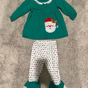Festive Green & White Polka Dot Santa Long Sleeve Ruffle Collar Top w Matching